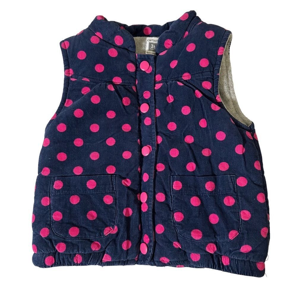 Carter's Navy Corduroy Fleece Lined Vest With Pink Polka Dots Size 3T